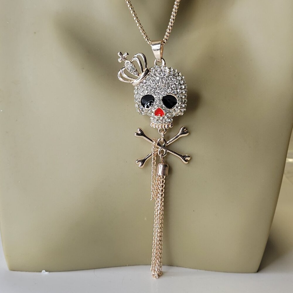 Skeleton Skull Rhinestone Pendant Necklace With Tassels
